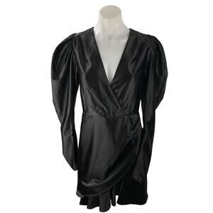 Rotate Black Silky Satin V-Neck Long Puff Sleeve Mini A-Line Wrap Dress Size 4